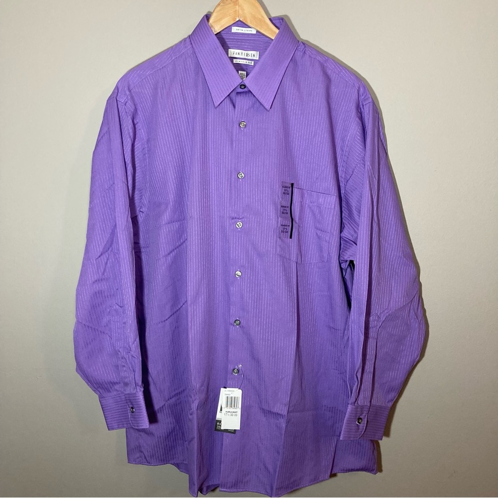 Van Heusen Men's Lavender Dress Shirt Satin Stripe Wrinkle Free  17.5 32/33